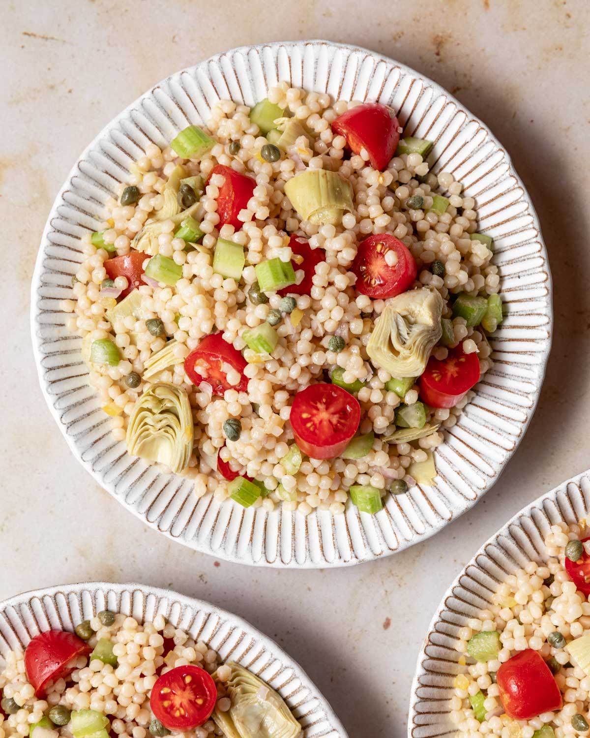 An overhead view of the finished Moroccan Couscous Salad